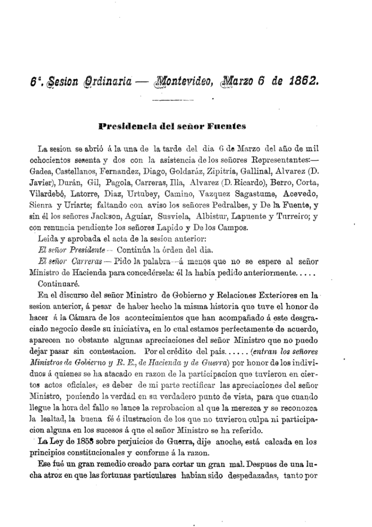 DIARIO DE SESIONES DE LA CAMARA DE REPRESENTANTES del 06/03/1862